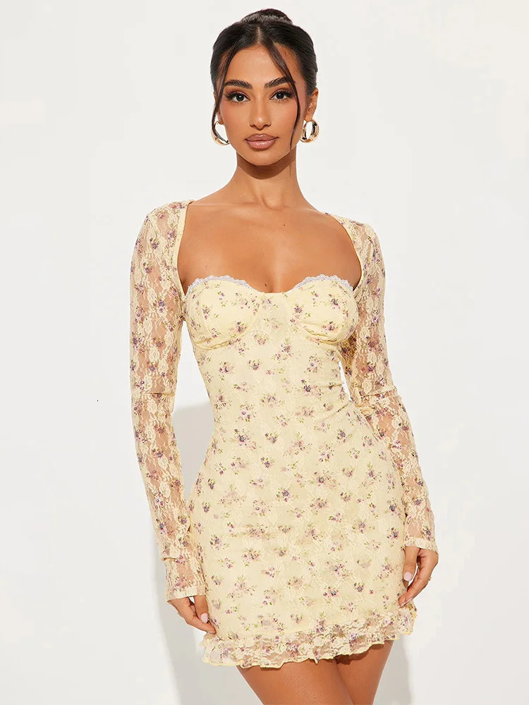 Spring Women Sexy Lace Print See Through Mini Dresses Streetwear Fashion Long Sleeves Casual Slim Elegant Lady Club Party Dress 250617