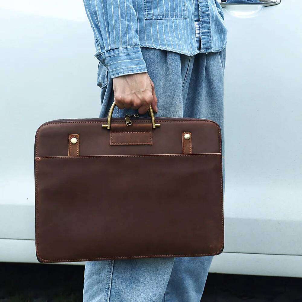 Crazy Horse Leather Briefcase Men's 17-inch Laptop Bag