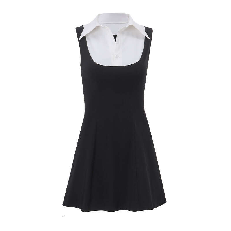 Ins Spring Summer New Sweet Shirt Collar Patchwork Color Block Slim Fit Sleeveless Dress For Women B5