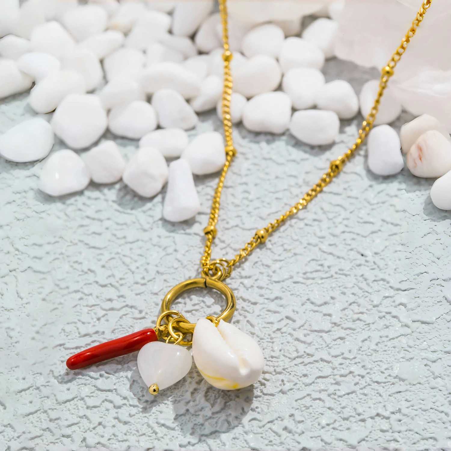 Red Chili Enamel Dangle Natural Stone Shell Pendant Fashion Gold Color Stainless Steel Chains Necklaces for Women Jewelry Gift W250618