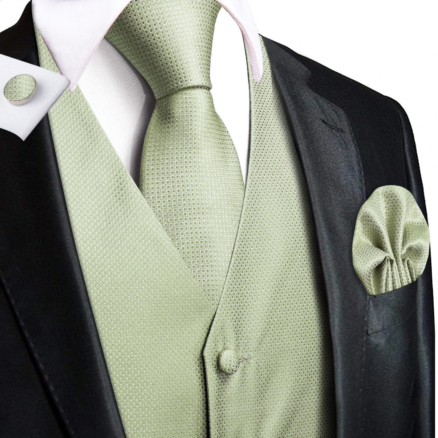 Hi-Tie Sage Green Solid Silk Mens Suit Vests 4PC Woven Waistcoat Tie Pocket Square Cufflinks Business Wedding Dress Waist Jacket 250614