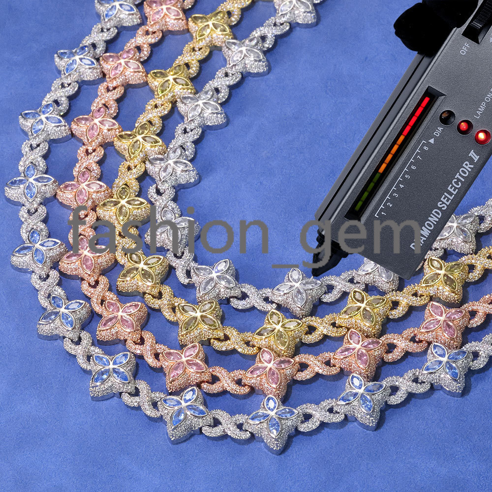 Multi-color Vvs Moissanite Cuban Chain Necklace 925 Sterling Silver Hip Hop Jewelry Marquise Flower Design Cuban Chain