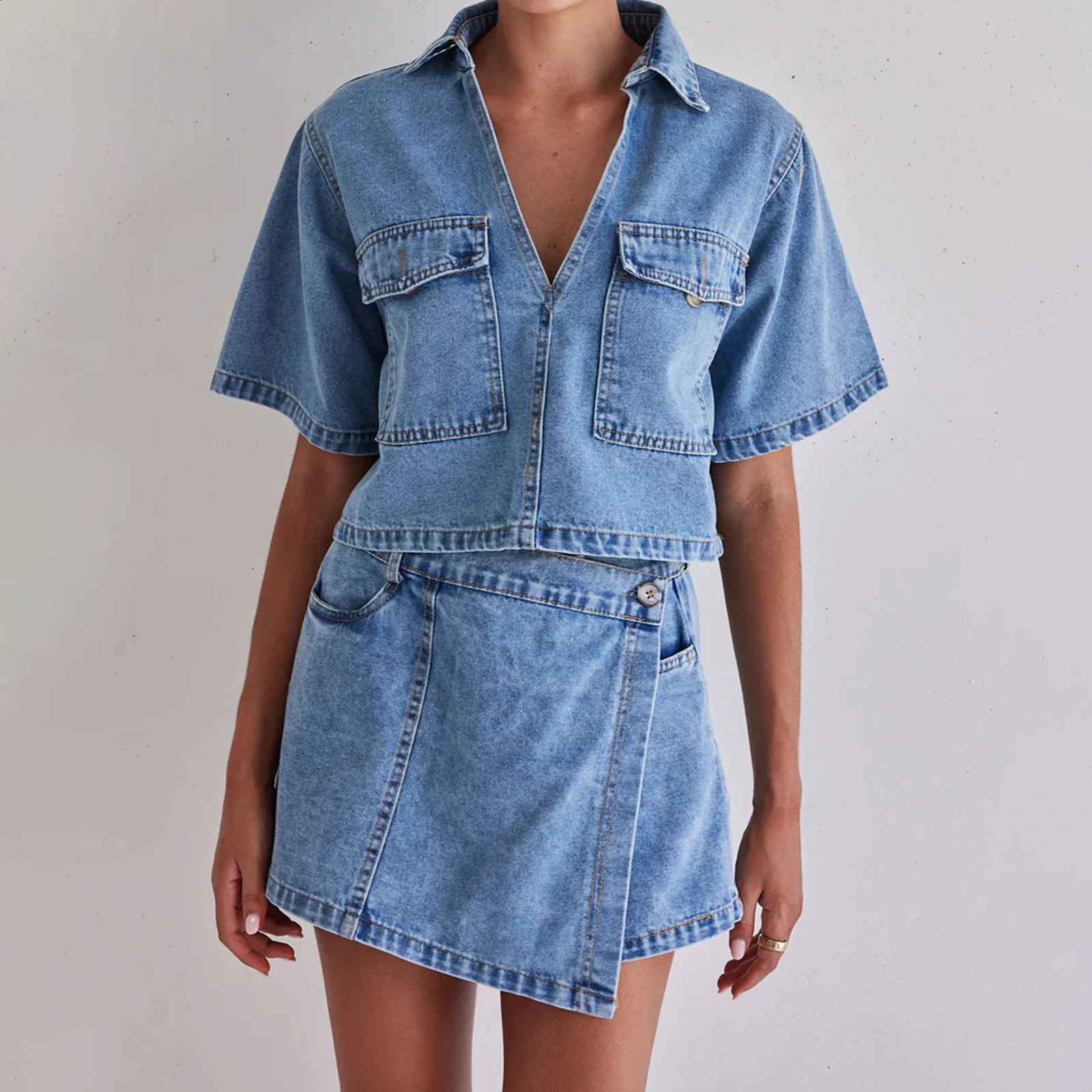 Womens 2 Piece Denim Outfits Y2k Vintage Short Sleeve Lapel Jean Tops and Asymmetrical Shorts Matching Set Streetwear 250614