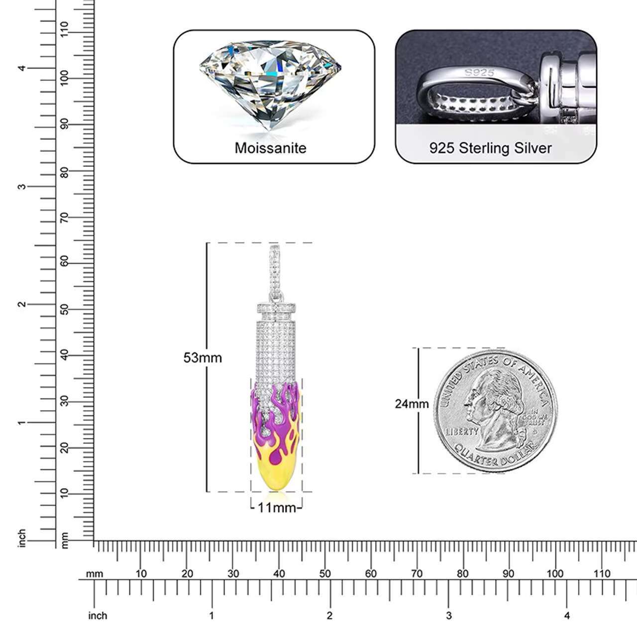 Hot Selling Stylish Hip Hop Style 925 Silver Iced VVS Moissanite Diamond Pendant Necklace Glow Dark Bullet Design Necklace