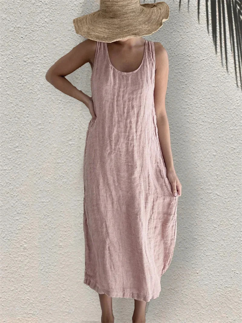 Women Comfortable Casual Cotton Linen Dresses Summer Solid Color Side Pockets Dress Female O Neck Pullover Sleeveless Gown 250618