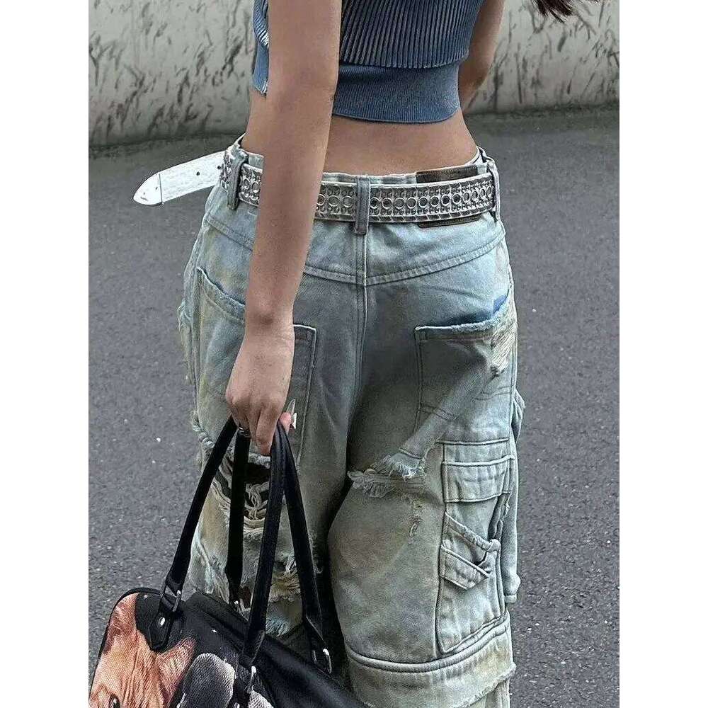 Wear Retro Double Waist Wash Old Ripped Jeans For Women New Fashion Street Wide-Leg Pants Haruku Y2k Cropped Shorts
