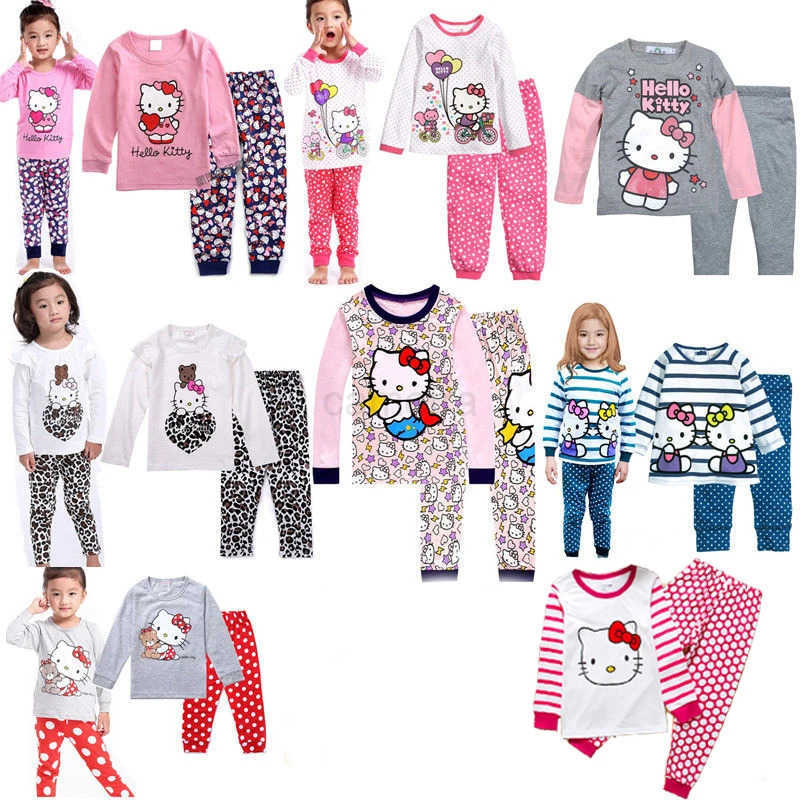Sanrio Baby Girls Pajamas Clothes Set Kids Cartoon Hello Kitty Long Sleeve Top+Pants 2-piece Outfits Toddler Cotton Home Sleepwear Suits XJ250618XJ250