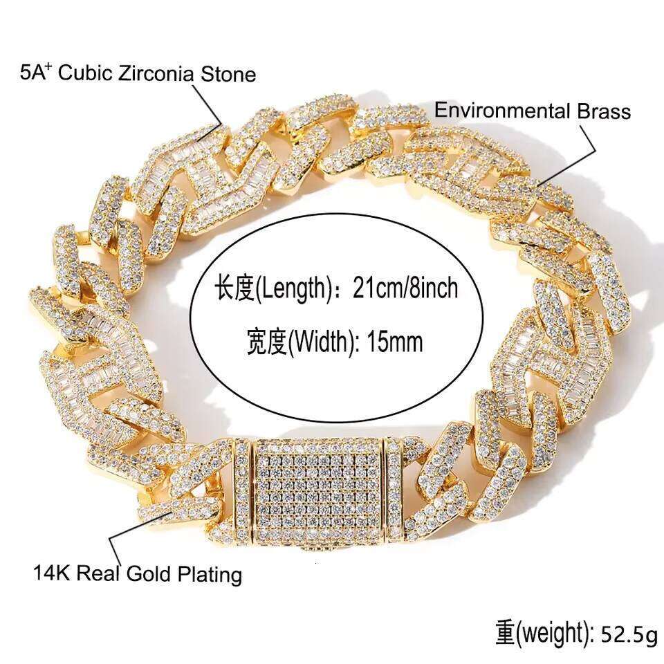 Hip Hop 15MM Clamshell Bracelet with Cuban Chain 14K Real Gold Rhodium Plated for Men and Women Great As Gift