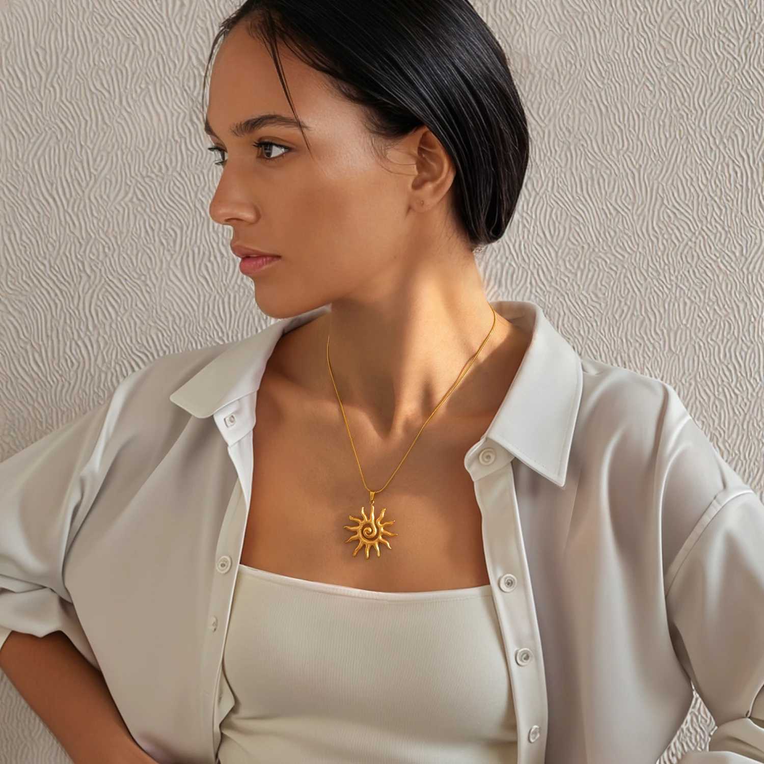 Spiral Sun Pendant Necklace for Women - 18K Gold Plated Hypoallergenic Stainless Steel Daily Wear Boho Gift Ideas Jewelry W250618