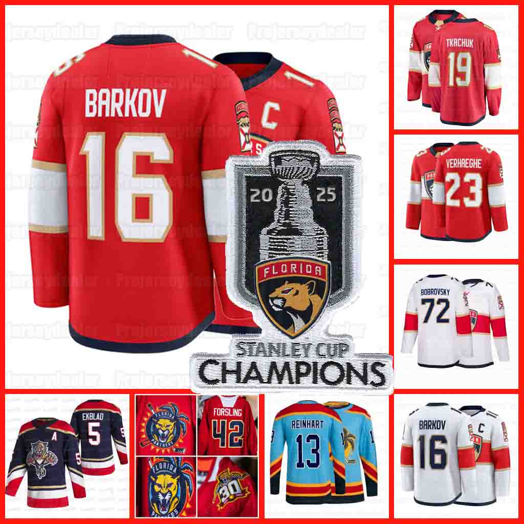 Floridas Panthers Bobrovsky Barkov 2025 Stanley Cup Champion Jerseys 72 Matthew Tkachuk Brad Marchand Sam Bennett Sergei Cousins Verhaeghe Reinhart Tarasenko