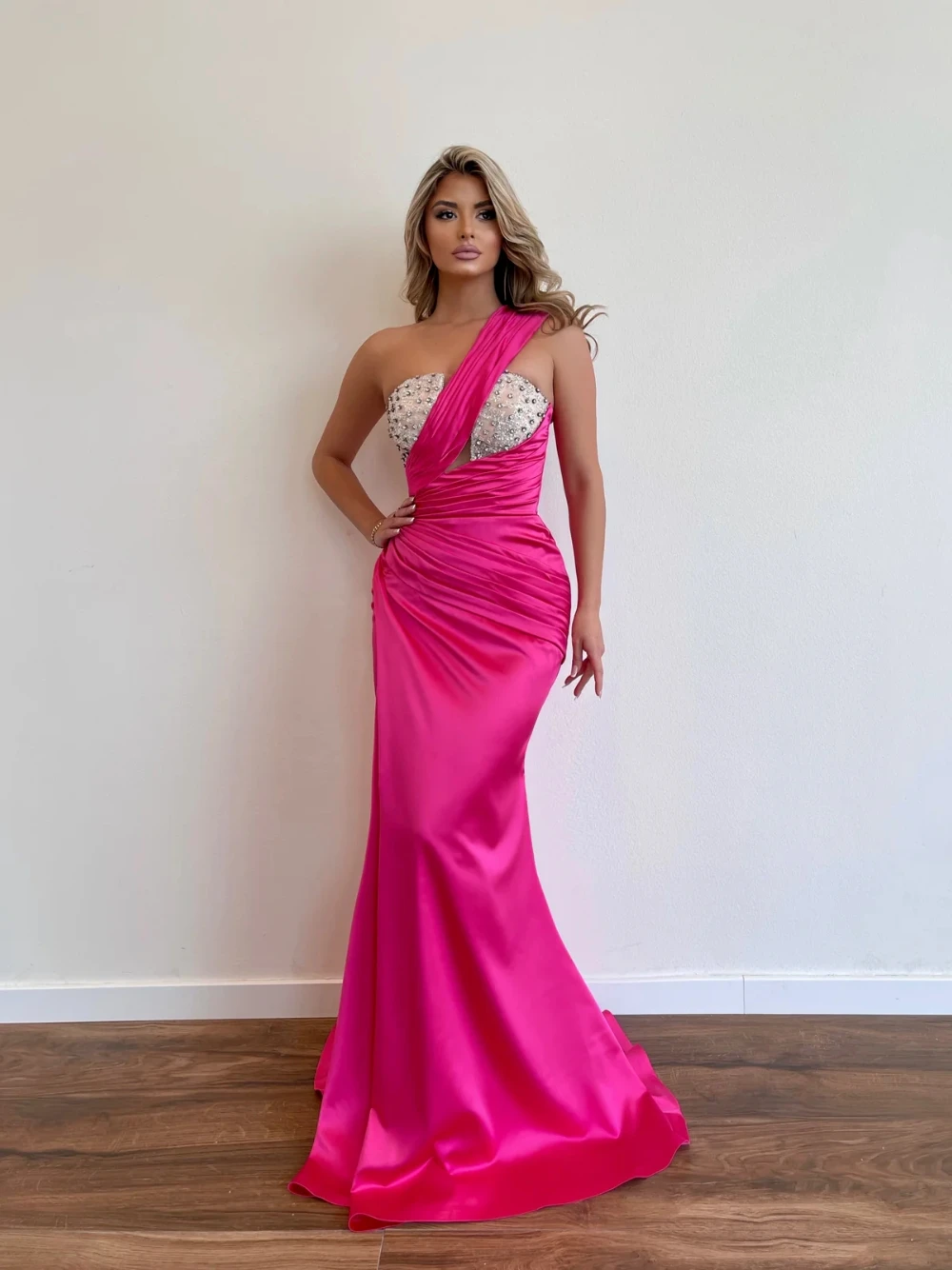 Classic Mermaid Evening Dresses Rhinestone Gown One Shoulder Sleeveless Sweep Train Dress Party Customized Dress