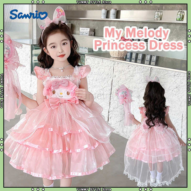 Sanrio Melody Princess Dress Girls Kawai Lolita Skirt Spring Summer Slip Dress Melody Headband Wand Cosplay Costume Birthday Party Kids XJ250618