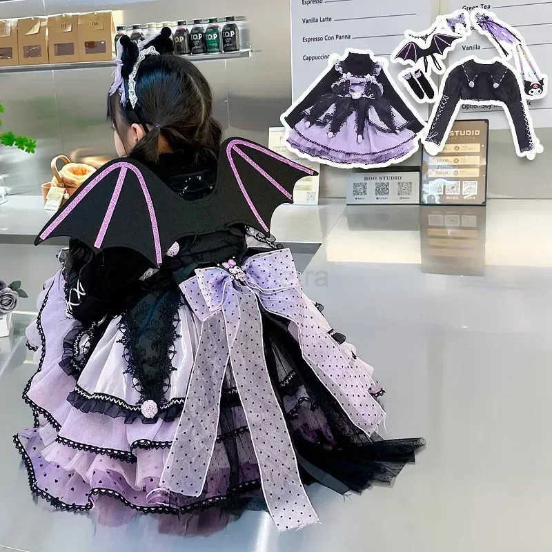 Sanrio Sanrio Kuromi Dress Cartoon Girl Lolita Skirt Set Autumn Long Sleeves Girls Dress Cosplay Princess Dress Birthday Party Gifts XJ250618