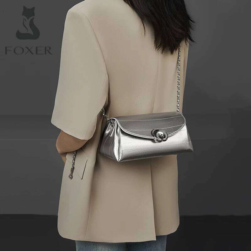 FOXER Split Leather Chain Crossbody For Women Summer 2025 New Style Female's Sier Versatile Flap Shoulder Bag Purse Trendy