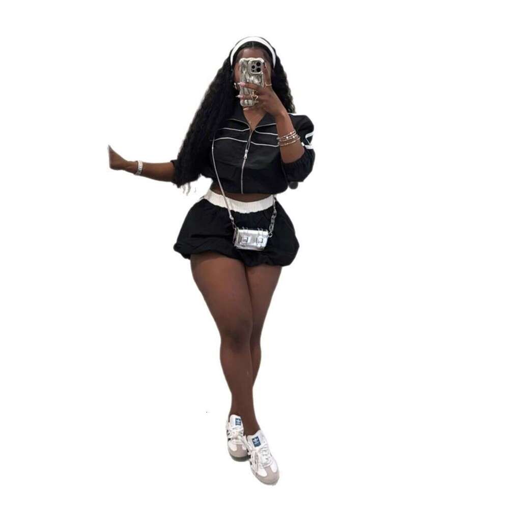 Summer Crop Top With Zipper Short Sleeve And Waist-Hugging Skirt Set For Women B5