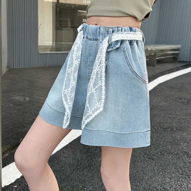 Girls lace belt denim shorts 2025 summer new product fashion jeans casual sports shorts 5-15 years oldC250617