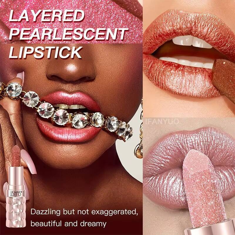 12 Colors Diamond Pearlescent Glitter Shiny Metallic Lipstick Long Lasting Lip Tint Non-stick Cup Red Sexy Lips Makeup happy
