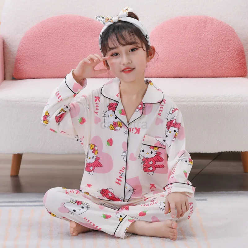 Sanrio Adorable Sanrio Cardigan Children Pajama Sets Causal Fashion Cartoon Print Nightwear Suit Loose Comfortable Breathable PajamasXJ250618XJ250618