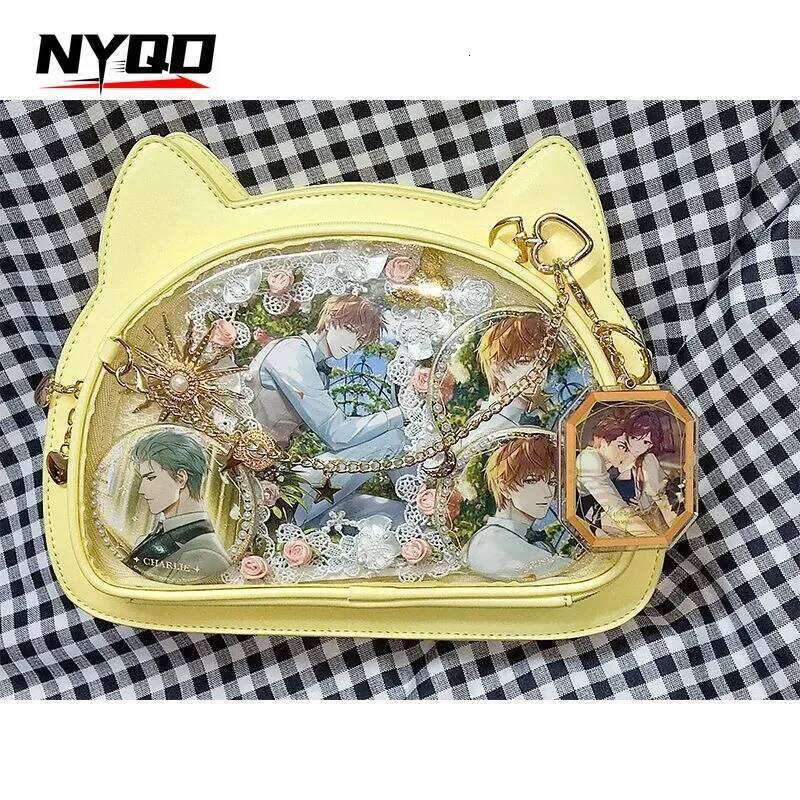 Transparent Crossbody Y2K Cute Cat Shoulder Handbag Lolita Ita Anime Sweet Girl Kawaii Badge Display Messenger Bag for Girls