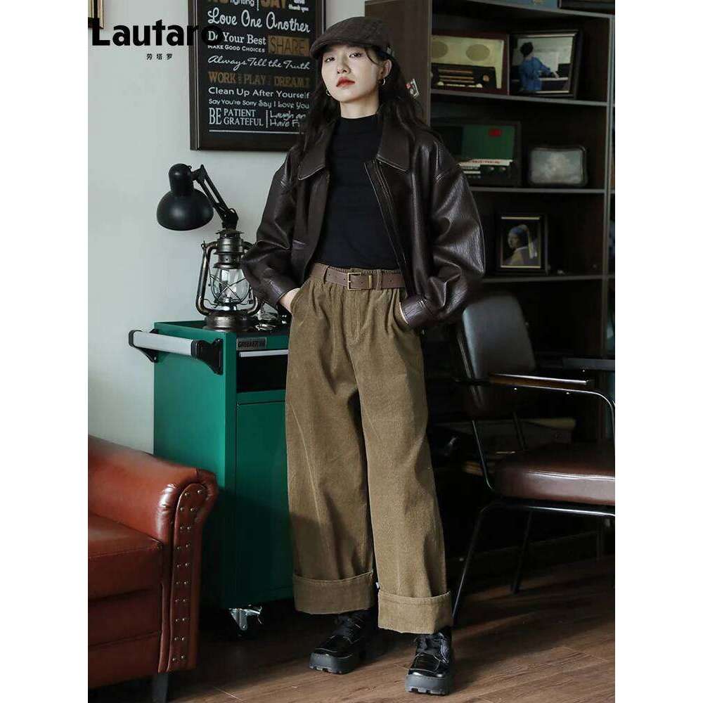 Lautaro Spring Autumn Cool Handsome Short Brown Hard Pu Leather Jacket Women Zipper Long Sleeve Designer Clothes
