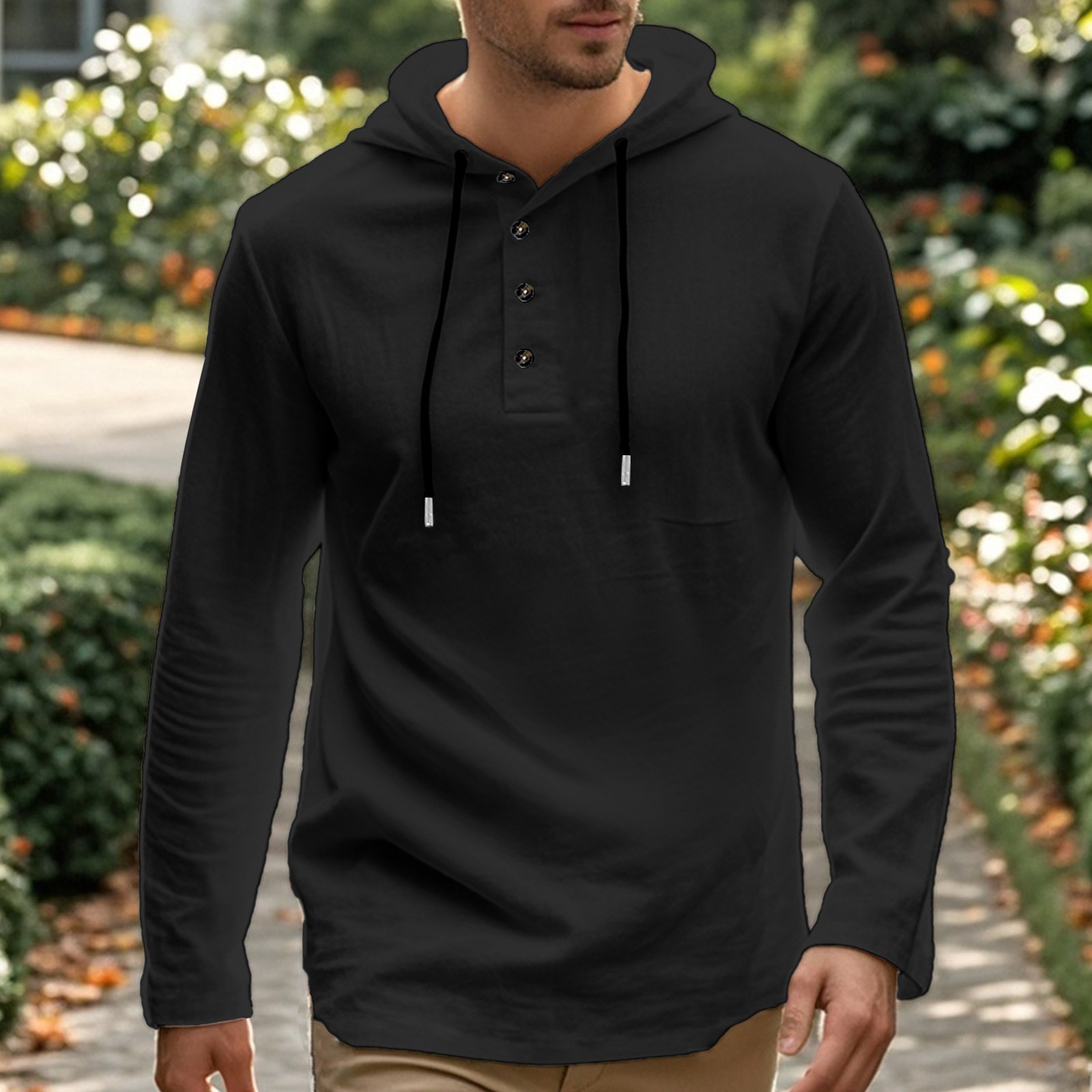 Men's linen T-shirt long-sleeved shirt casual sports top fashionable shirt hooded Henry button loose long-sleeved base shirt European code: S-3XL