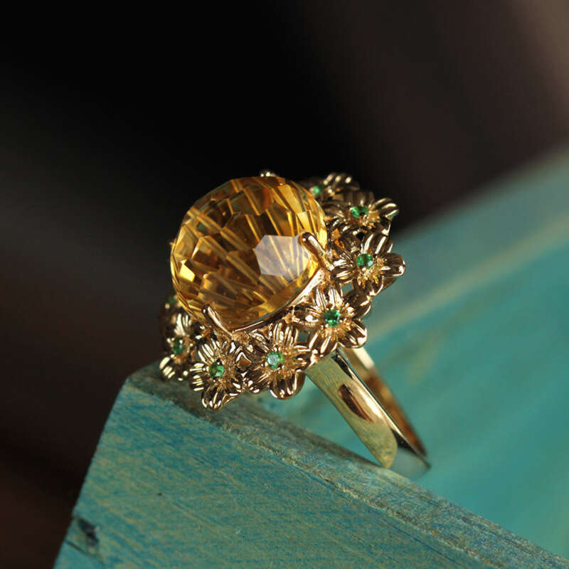Fireworks Craft Cutting High Imitation Yellow Crystal Ice Wealth Gold Light Luxury Versatile Flower Open Ring