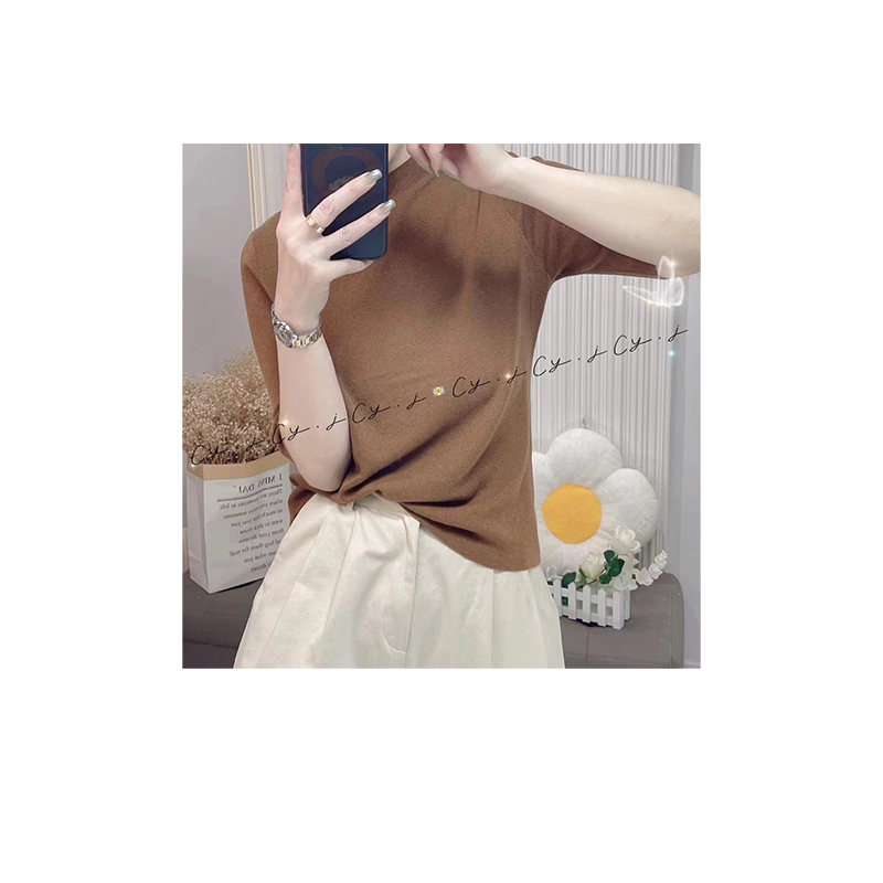 Spring and Autumn Women's T-shirt simple French temperament solid color five-quarter sleeve bottoming shirt