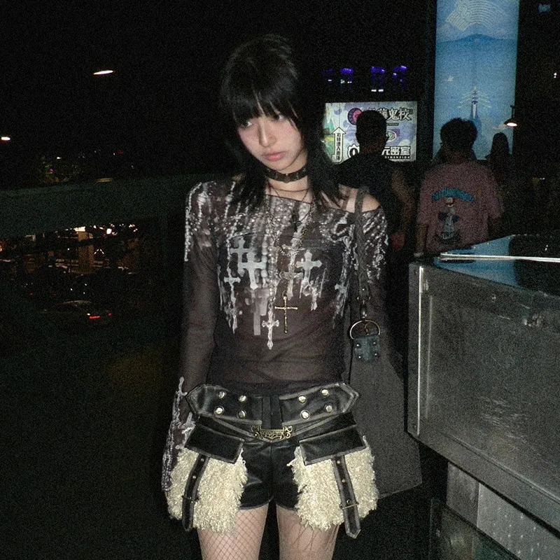 Karrram Grunge Aesthetics Mesh Tops Japanese Y2k Tattoo Print Sheer Tops Vintage Harajuku See Through Long Sleeve T-shirt Gothic 250618