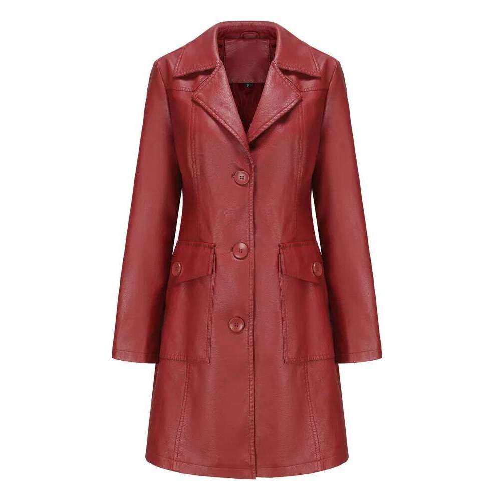 Autumn/Winter Stylish Outfit: Classic Long Black Leather Trench Coat for Ladies