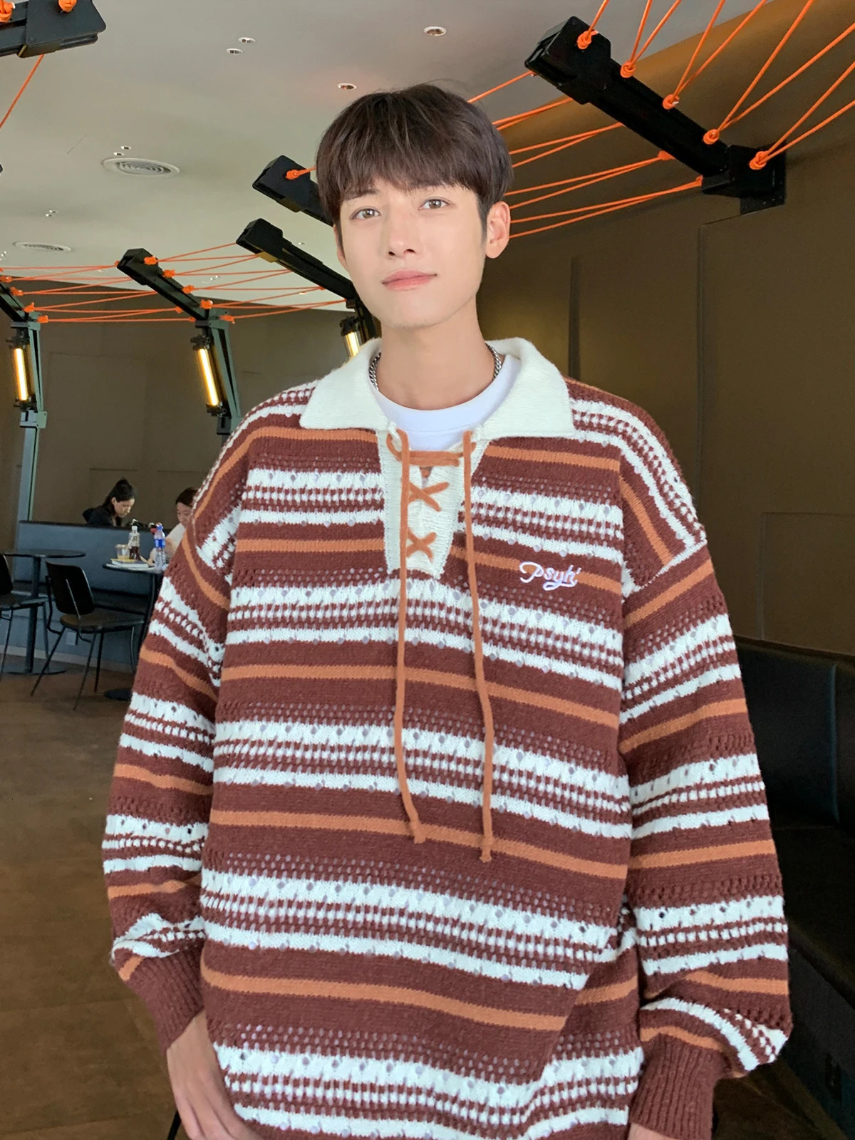 Color Blocked Polo Collar Striped Knit Sweater for Men Spring Autumn Japanese Retro Vintage Loose Fitting Couple Lazy Sweater 250618