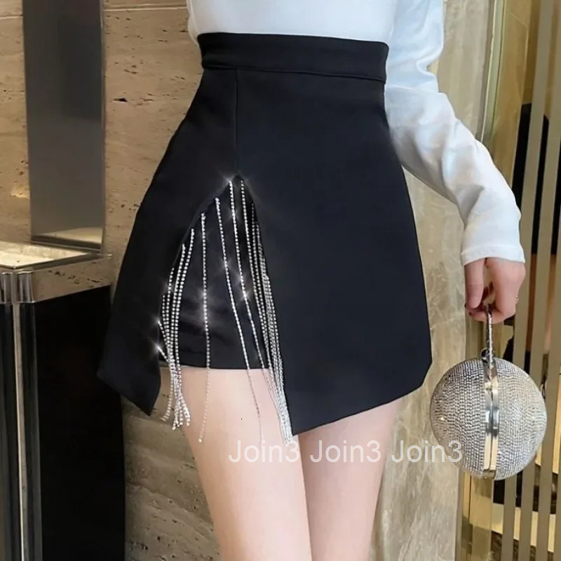 Black Short Tight Fringe Woman Skirt Wrap Mini Zipper with Slit A Line Harajuku Clothing Sales V Korean Style Skirts for Women