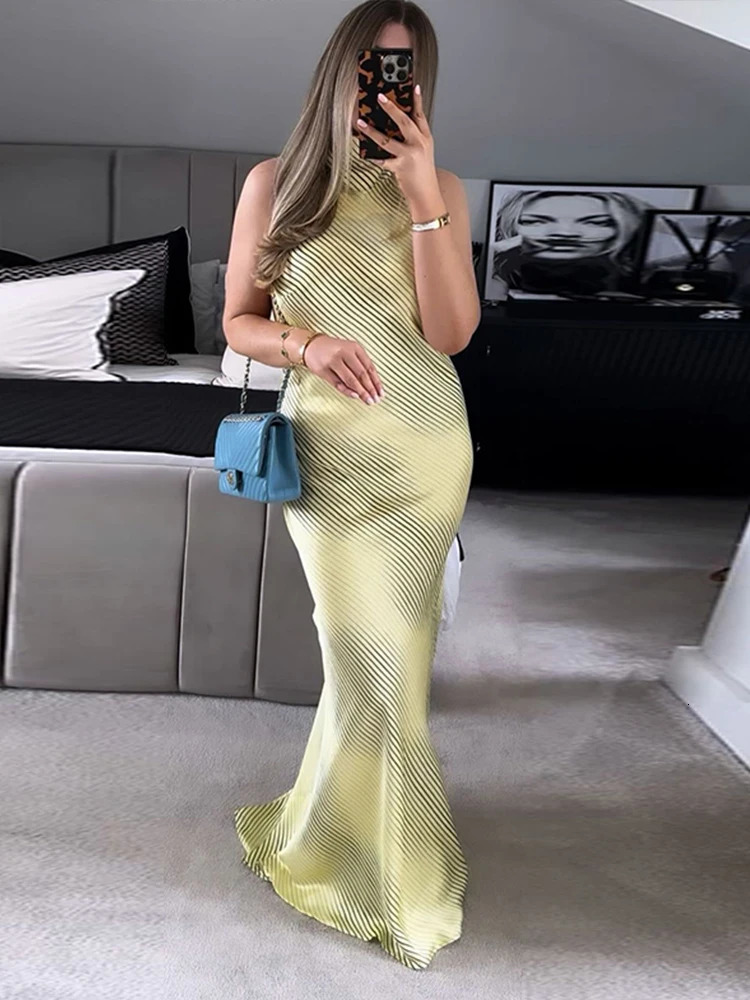 Halter Backless Gradient Striped Long Dresses Hanging Neck Lace Up Color Contrast Printed Slim Fit Silk Satin Dress Women Robes 250617