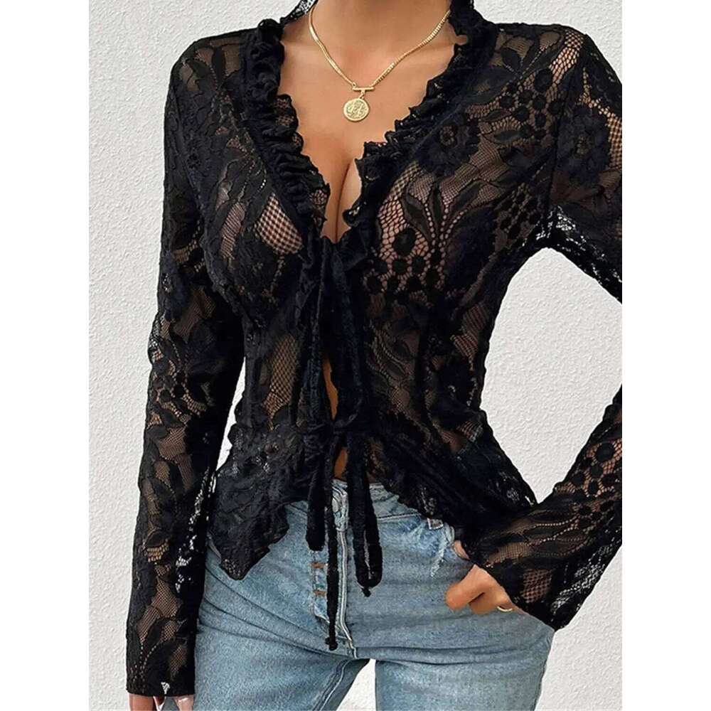 Women Gothic Lace Shrug Crop Tops Flare Long Sleeve Vintage Shirts Blouses For Cosplay Role-Playing Party Halloween Costume