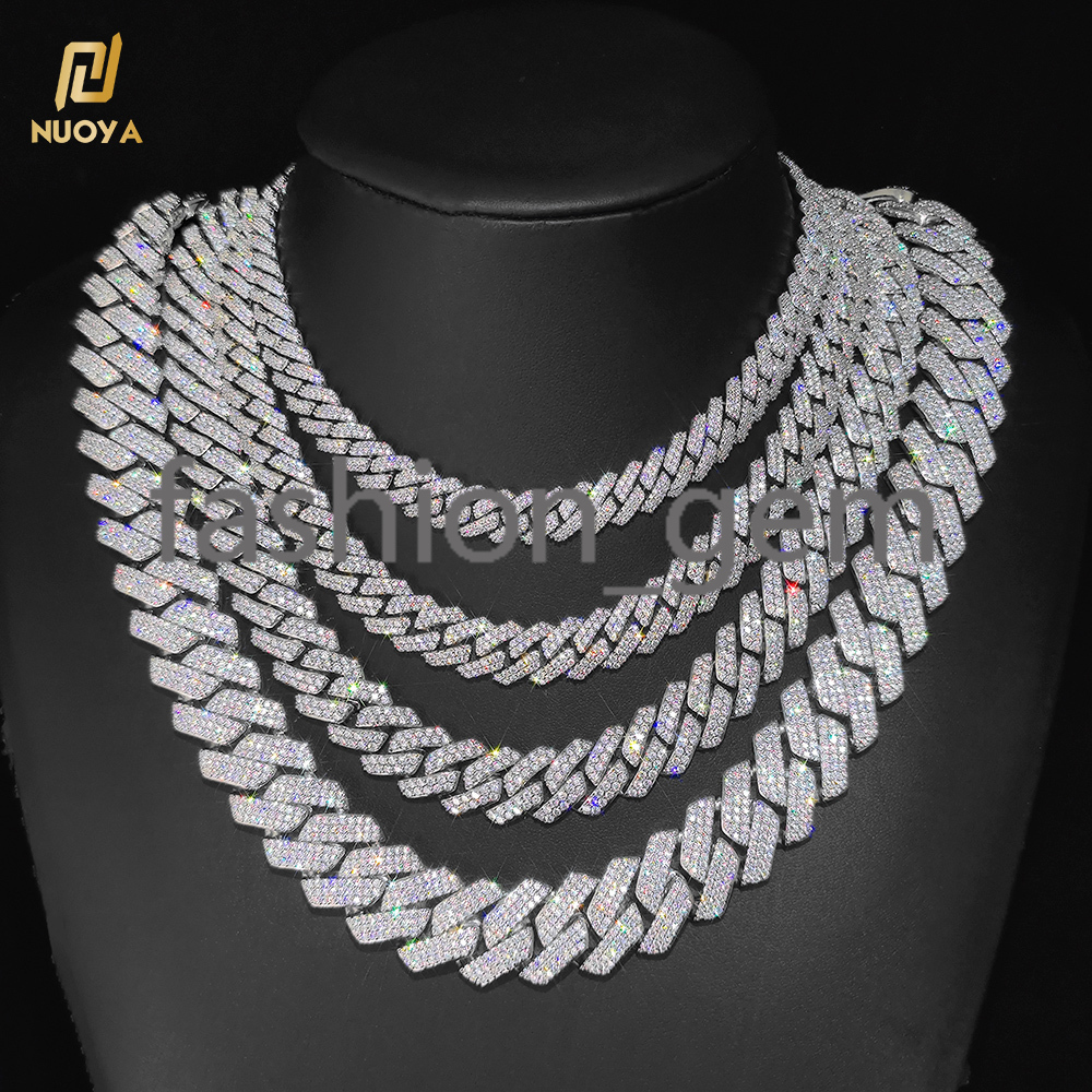 Hip Hop Jewelry 10/12/15/20mm Diamond Cuban Link Necklace for Men Silver Plated Miami Cuban Iced Out moissanite Prong Cuban Link Chain