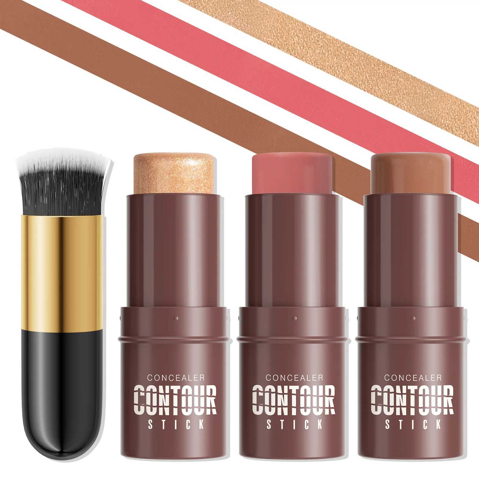 Contour Stick Set with Highlighter Blush Bronzer Plus Golden Powder Brush - Waterproof Cream for All Tones Medium Coverage XJ250618