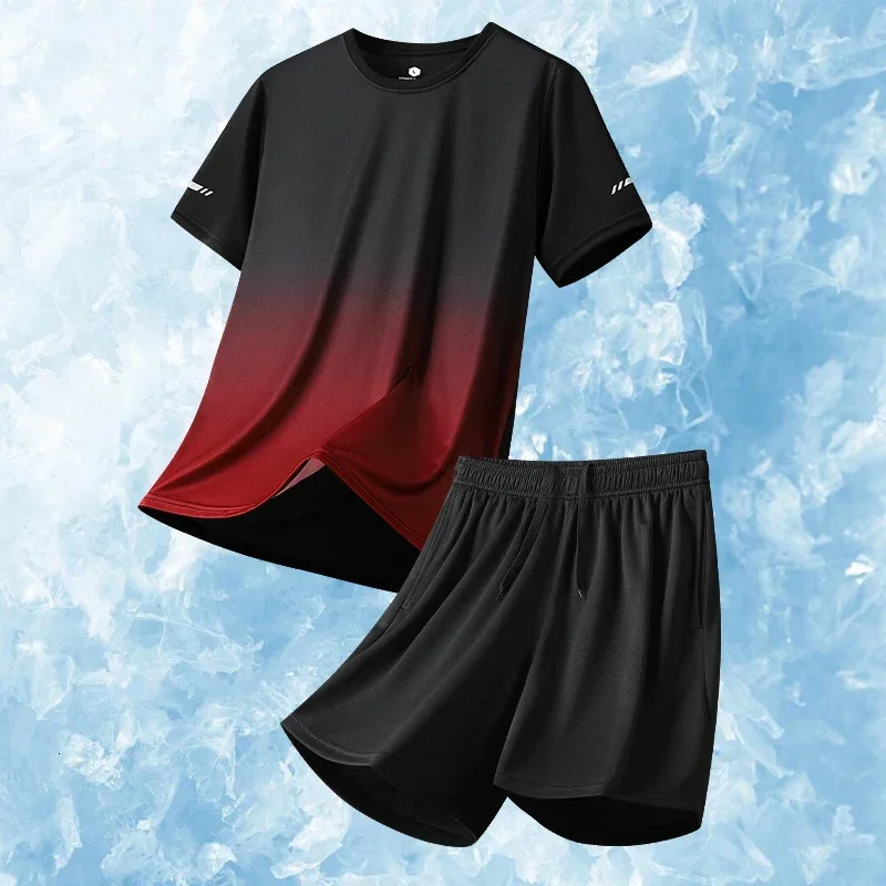 Men Running Fitness Thin Short 2-piece Set Summer Ice Silk Gradient Tracksuit Men Sports Suit Short Sleeve T Shirt Shorts Sets 250617