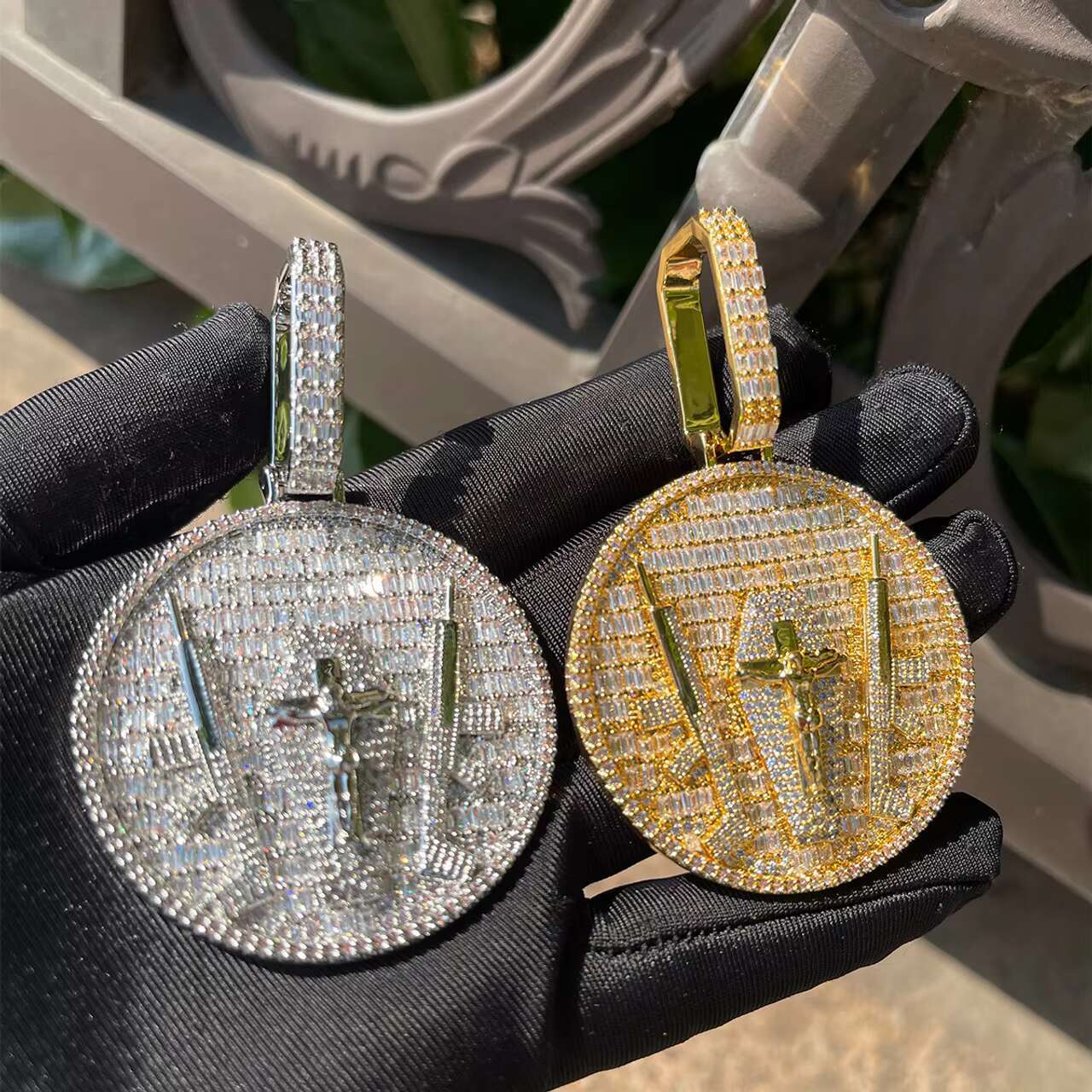 Trendy 24K Jesus Piece God of Protection with Ultimate Weapon Christian Cross Moissanite Pendants Charms