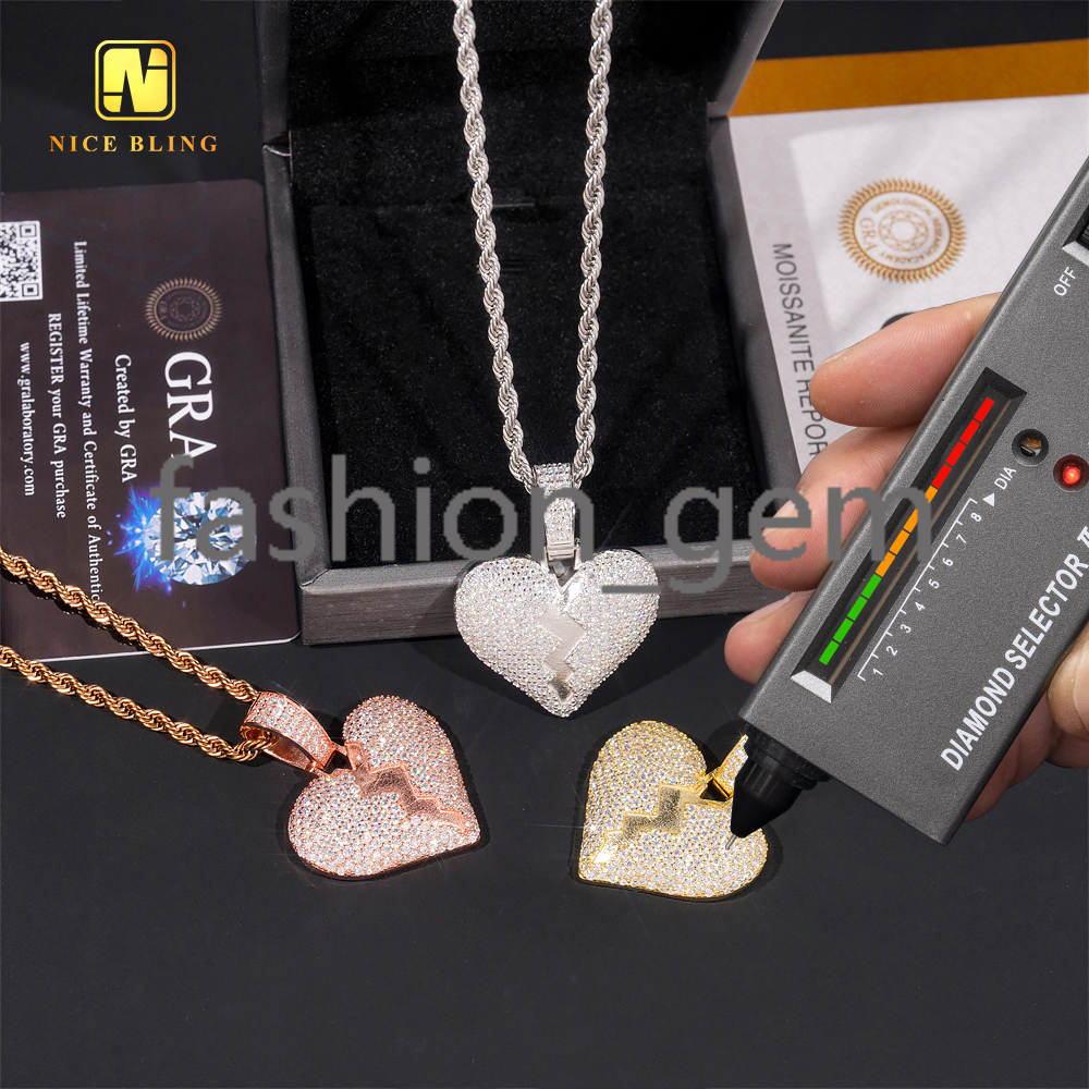 GRA Certificated 925 Sterling Silver Moissanite Pendant Broken Heart Iced Out Hip Hop Jewelry Pendants