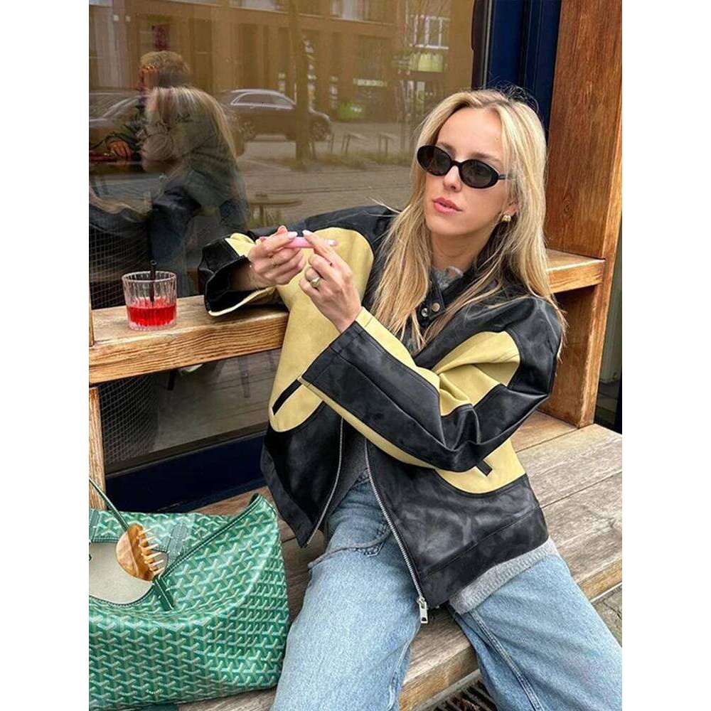 Vintage PU Leather Motorcycle Loose Short Coat Women Color Patchwork Biker Jackets Street Trend Blouse Bomber Jacket