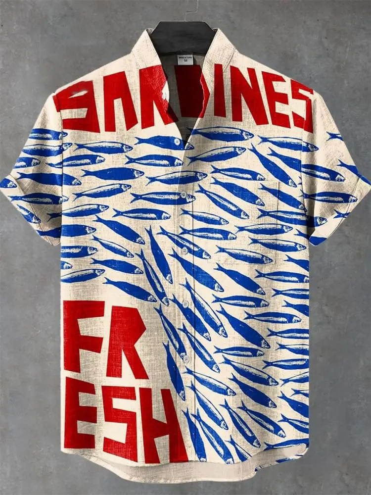 mens retro style fish pattern print mens casual linen comfortable fabric short sleeved shirt button top 250616