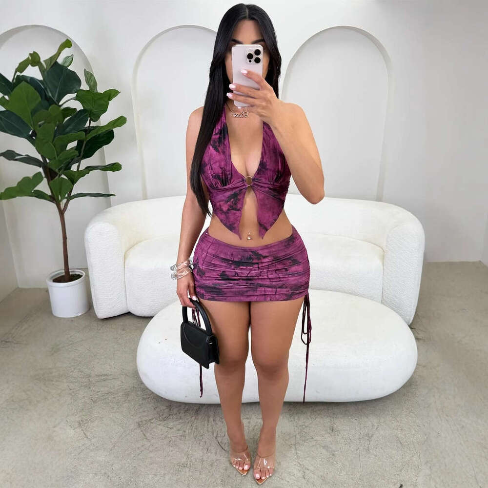 Summer New Women's Fashion Personality Sexy Printed Backless Top Bodycon Skirt Set B5