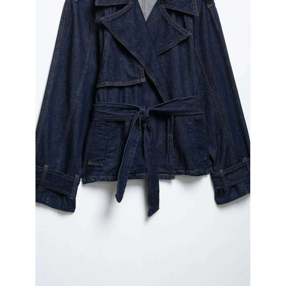 Spring 2025 New Women's Clothing European American Style Blue Waistband Short And Wide Design Denim Trench Coat