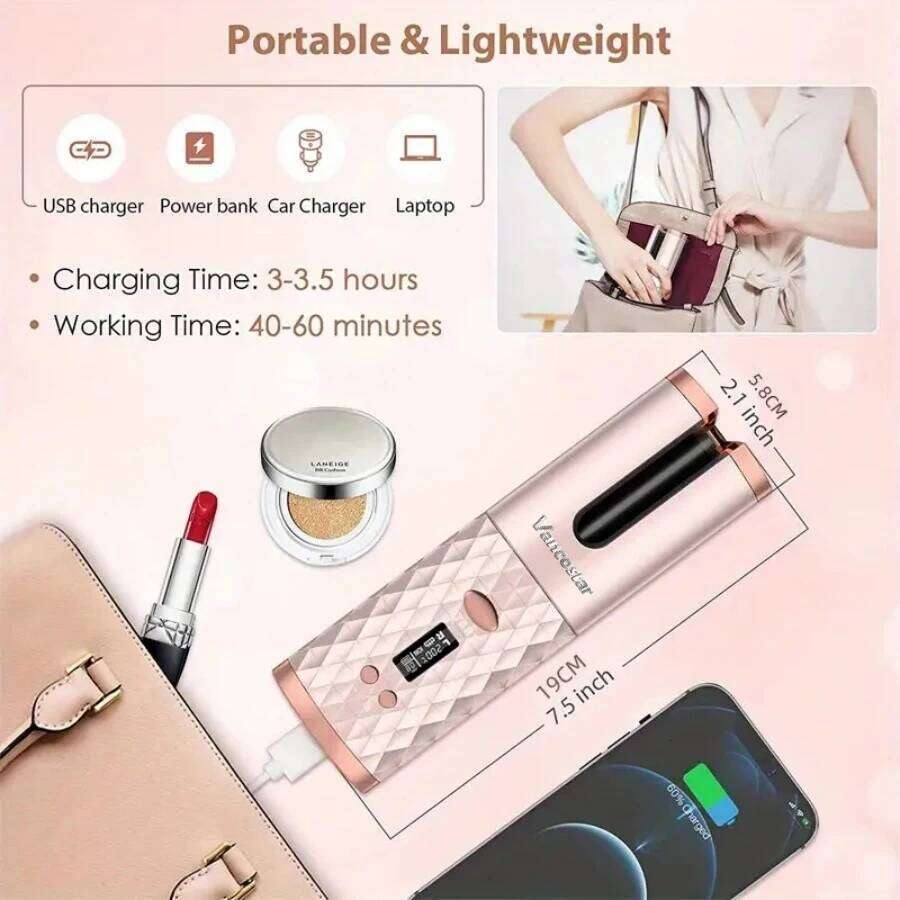 Wireless Electric Portable Travel Home Use Timing 6 Temp. LED Cordless Automatic Hair Curler for Curls or Waves