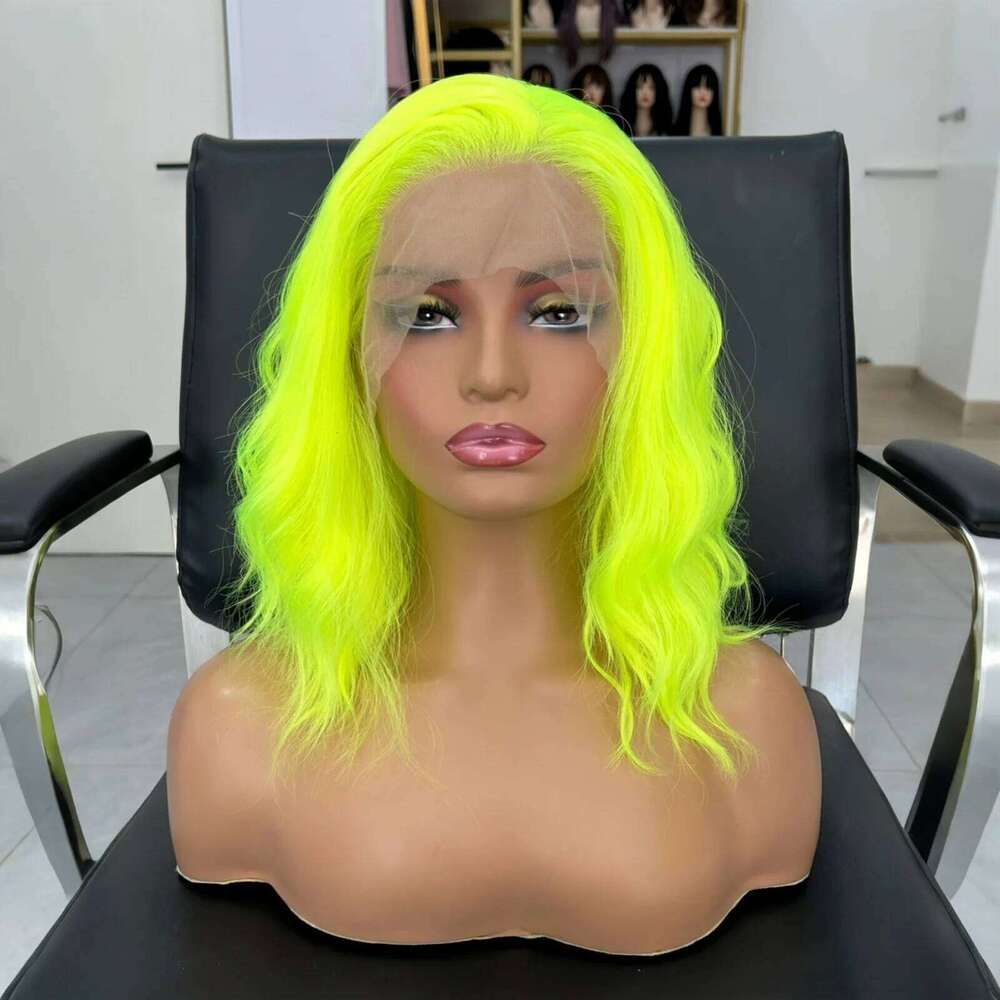 Short Curly Wavy Bob Women Synthetic Free Part Shoulder Length Neon Green 13X4 Lace Front Wigs for Party Cosplay