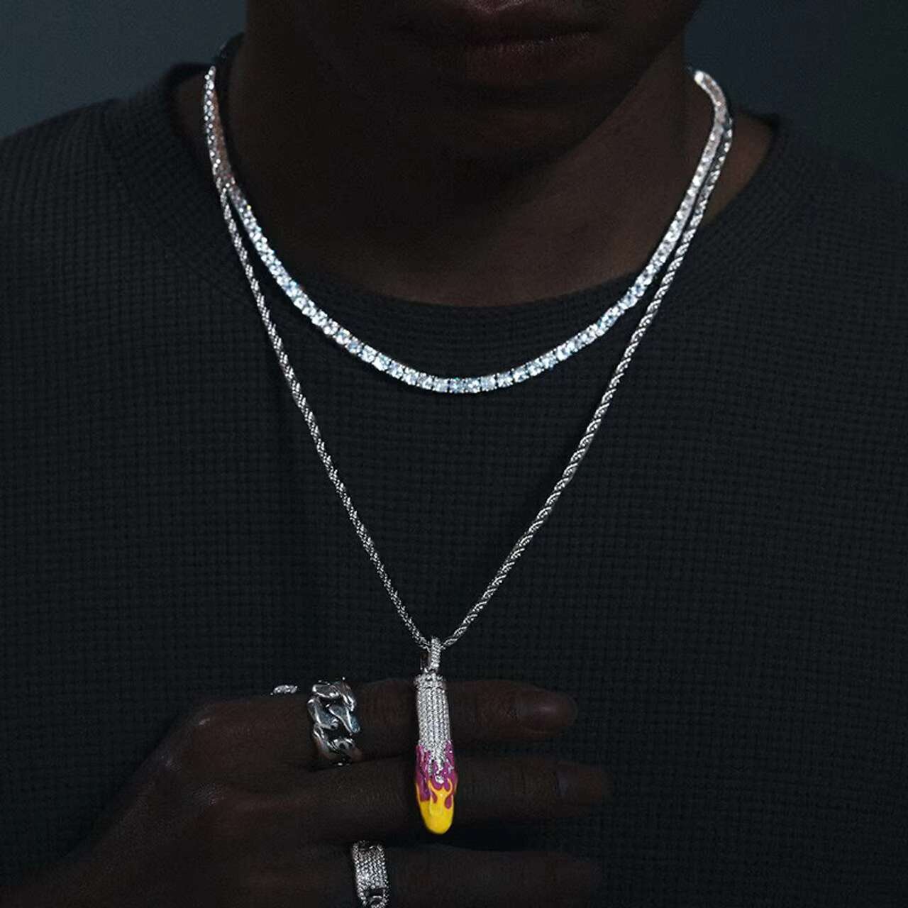 Hot Selling Stylish Hip Hop Style 925 Silver Iced VVS Moissanite Diamond Pendant Necklace Glow Dark Bullet Design Necklace