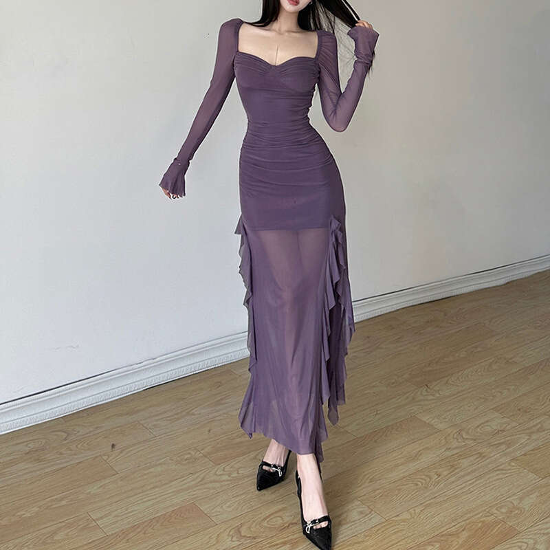 Autumn New Women's Solid Color Slim Fit High Waist Fashion Square Neck Long Sleeve Mesh Dress B5