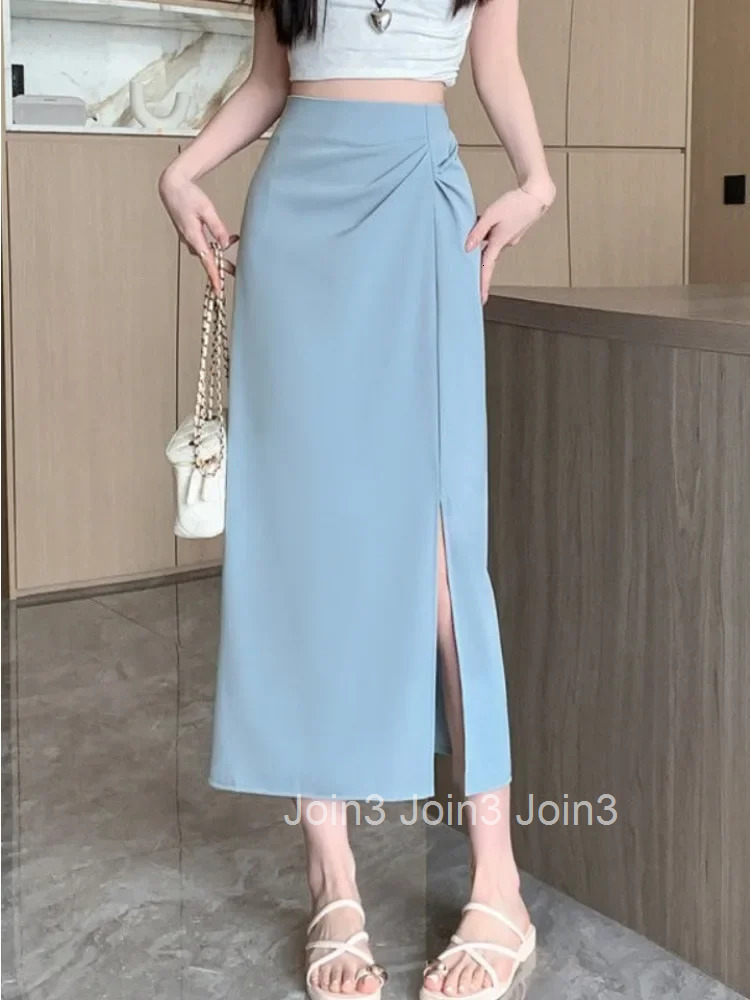 Wrap Tight Midi Skirts for Women with Slit High Waist Aesthetic Premium Casual Korean Style Y2k Vintage Cheap Modest Woman Skirt