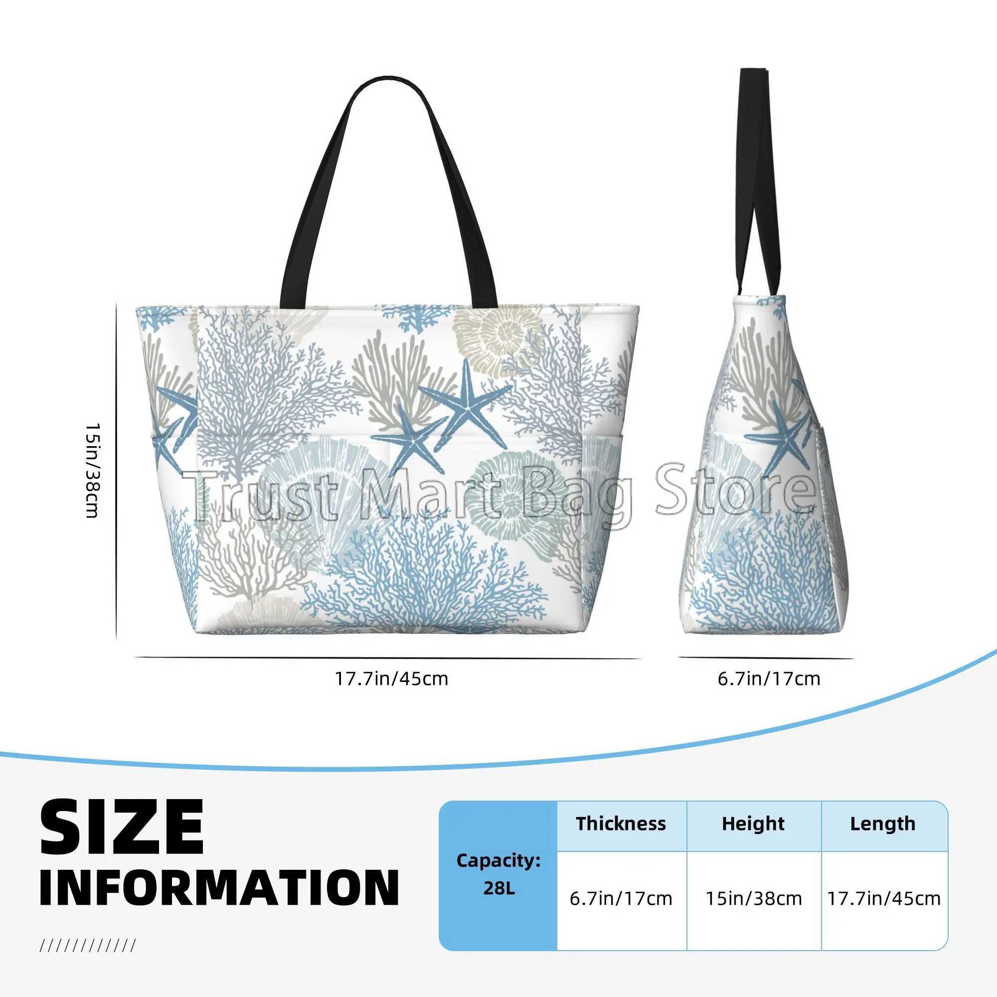 Summer Ocean Themed Seashell Coral Starfish Large Waterproof Beach Bag Women Sandproof Pool Tote Bag for Travel Vacation Swim W250618