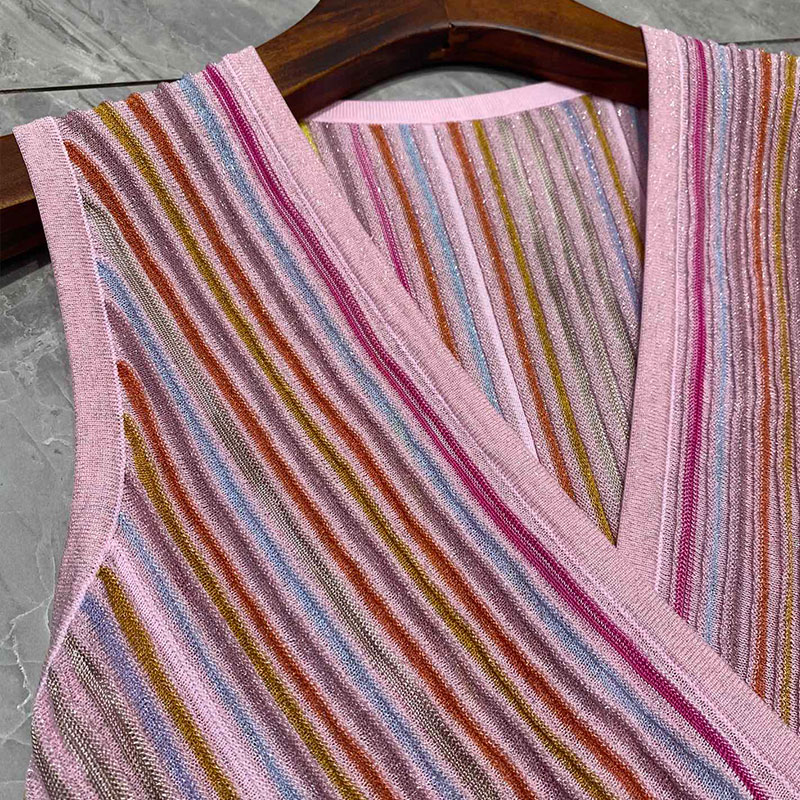 Designer New Women's Sequin Maxi Vest Dresses Summer Fashion Runway V-Neck Waist-Defining Striped Gown Two Colors Elegant Classic Luxury Clothes 