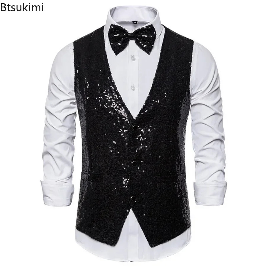 Mens Shiny Gold Sequin Glitter Embellished Blazer Waistcoat Night Club Blazer Wedding Party Waistcoat Stage Singers Vest 250614